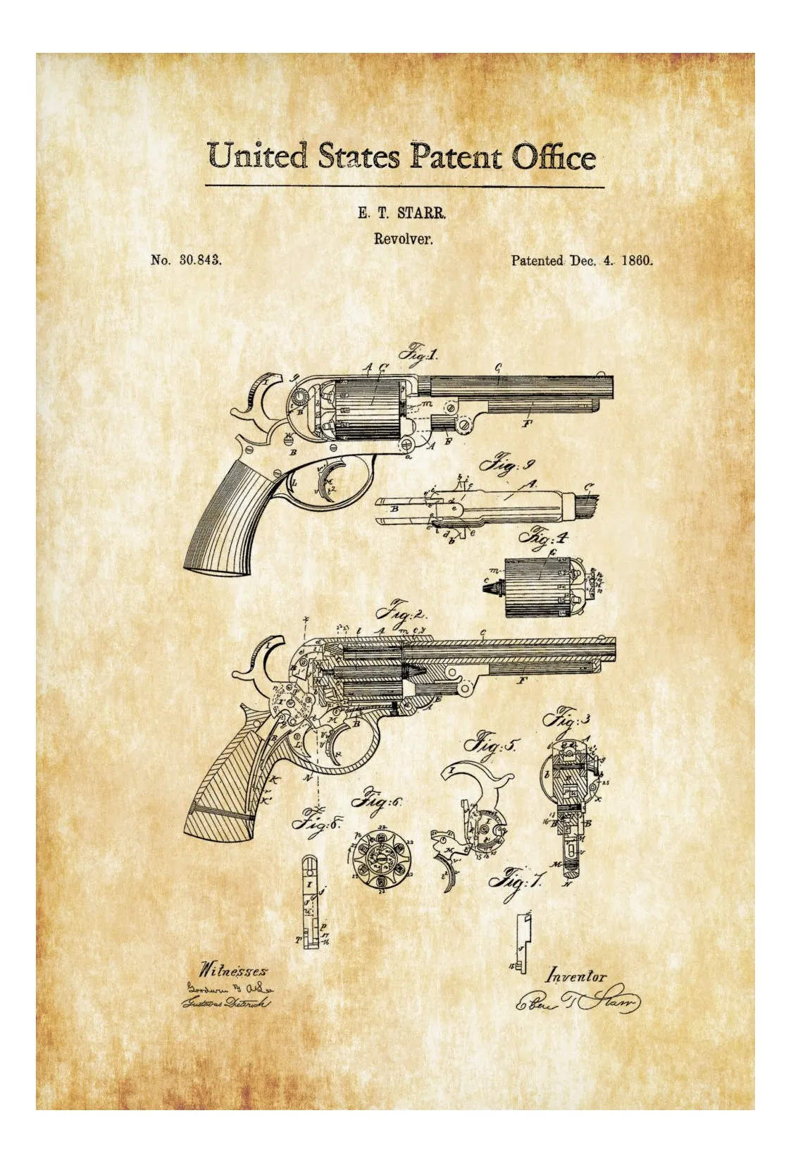 1860 Starr Revolver Patent - Patent Print, Wall Decor, Gun Art, Firearm Art, Western Art, Gun Patent