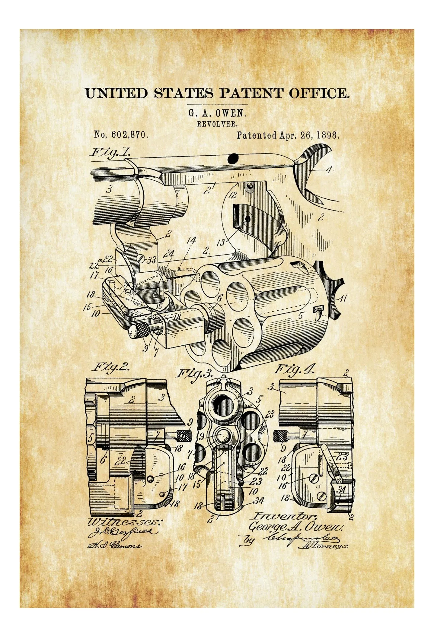 1898 Revolver Patent - Patent Print, Gun Art, Firearm Art, Western Art, Gun Patent, Firearm Patent, Law Enforcement Gift, Revolver Poster