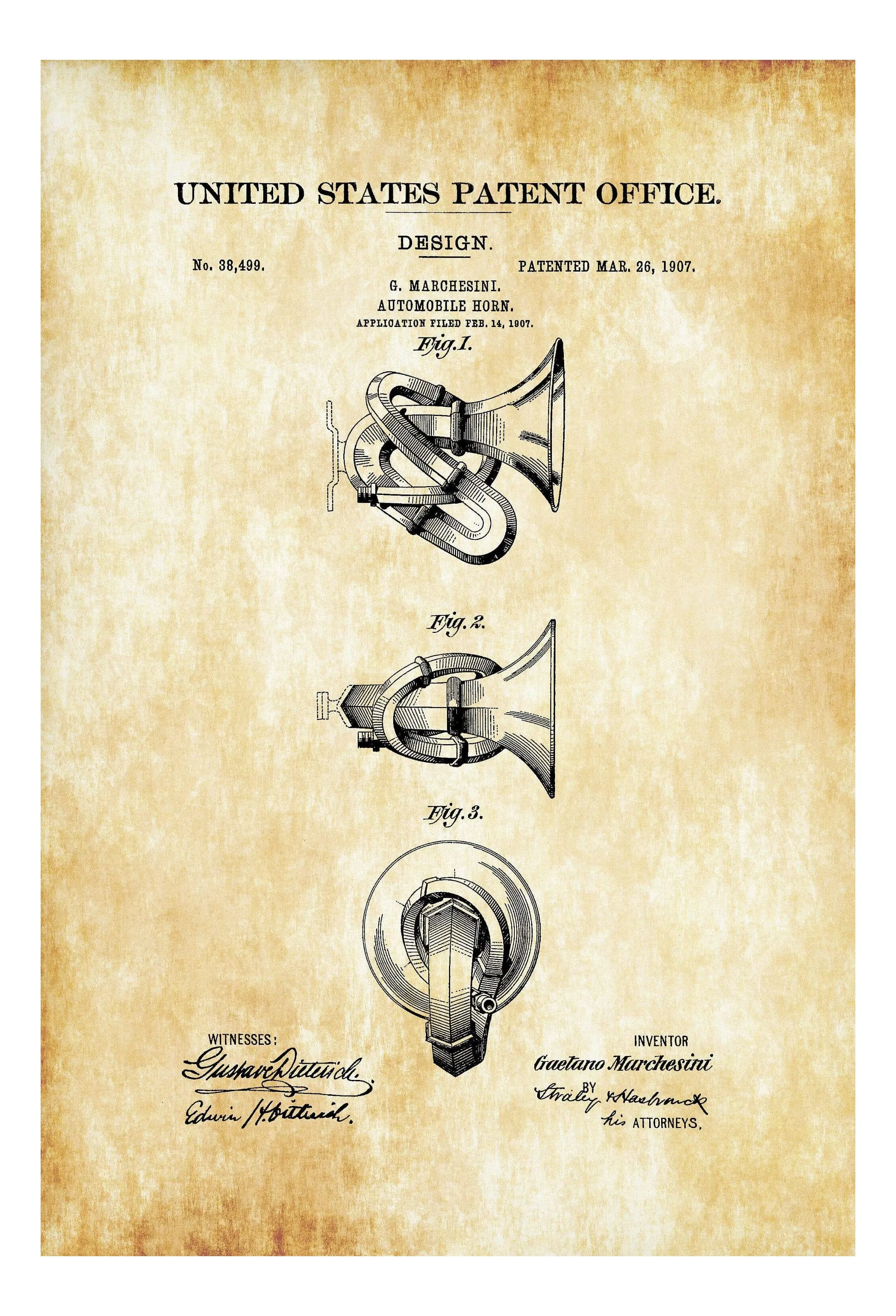 1907 Automobile Horn Patent - Patent Print, Wall Decor, Automobile Decor, Automobile Art, Car Patent, Auto Patent, Car Horn Patent