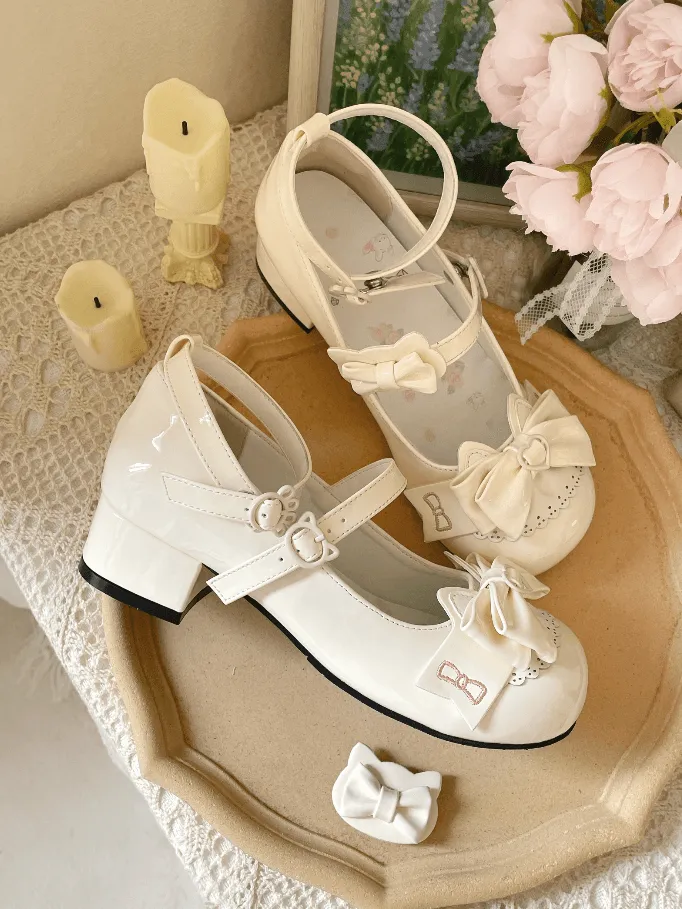 Apricot Bowknot Kitty-shaped Buckle Strap Block Heels Lolita Mary Janes
