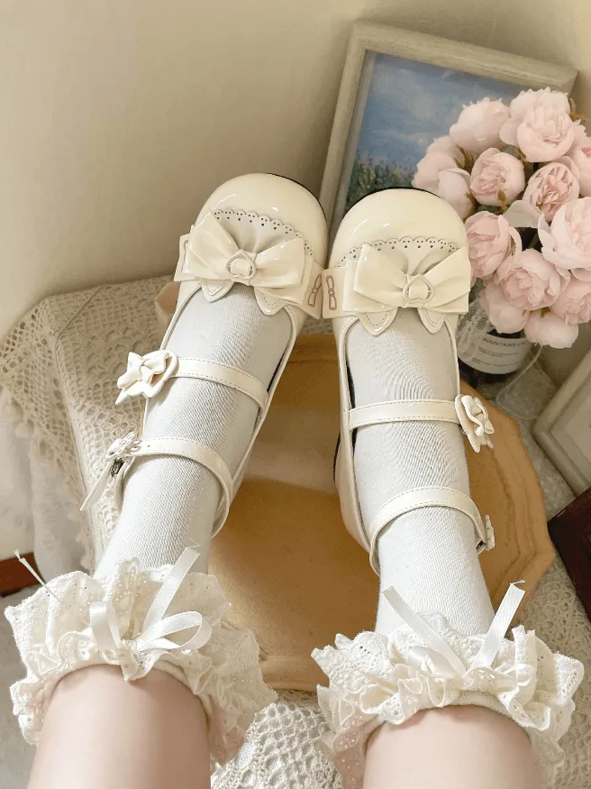 Apricot Bowknot Kitty-shaped Buckle Strap Block Heels Lolita Mary Janes