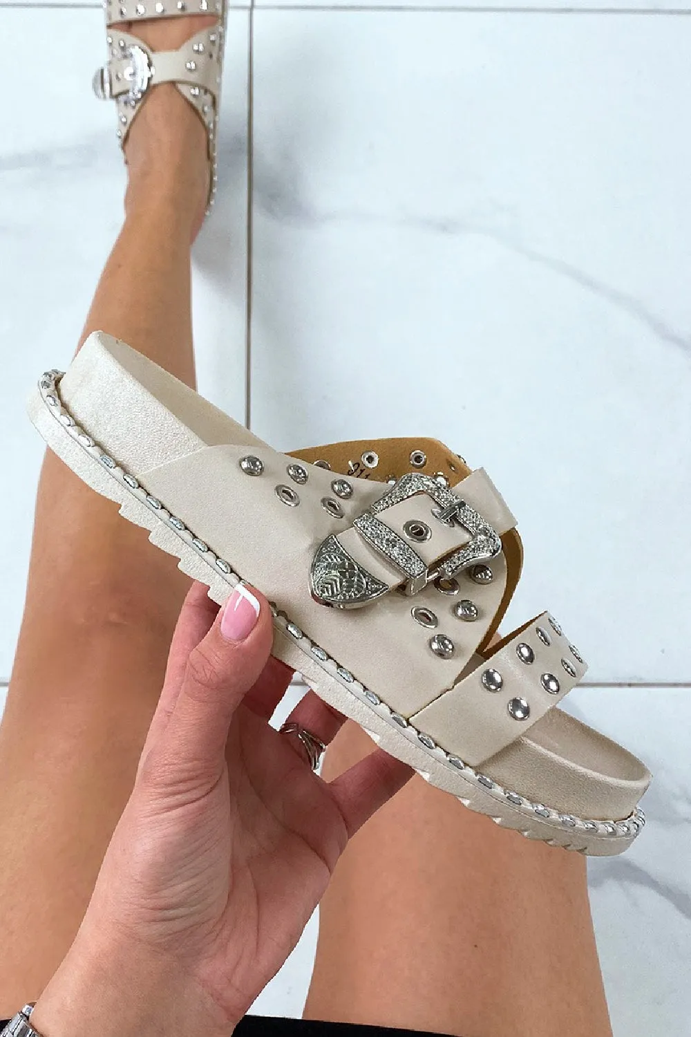 BEIGE STUDS AND BUCKLE DETAIL SUMMER SLIDERS SANDALS