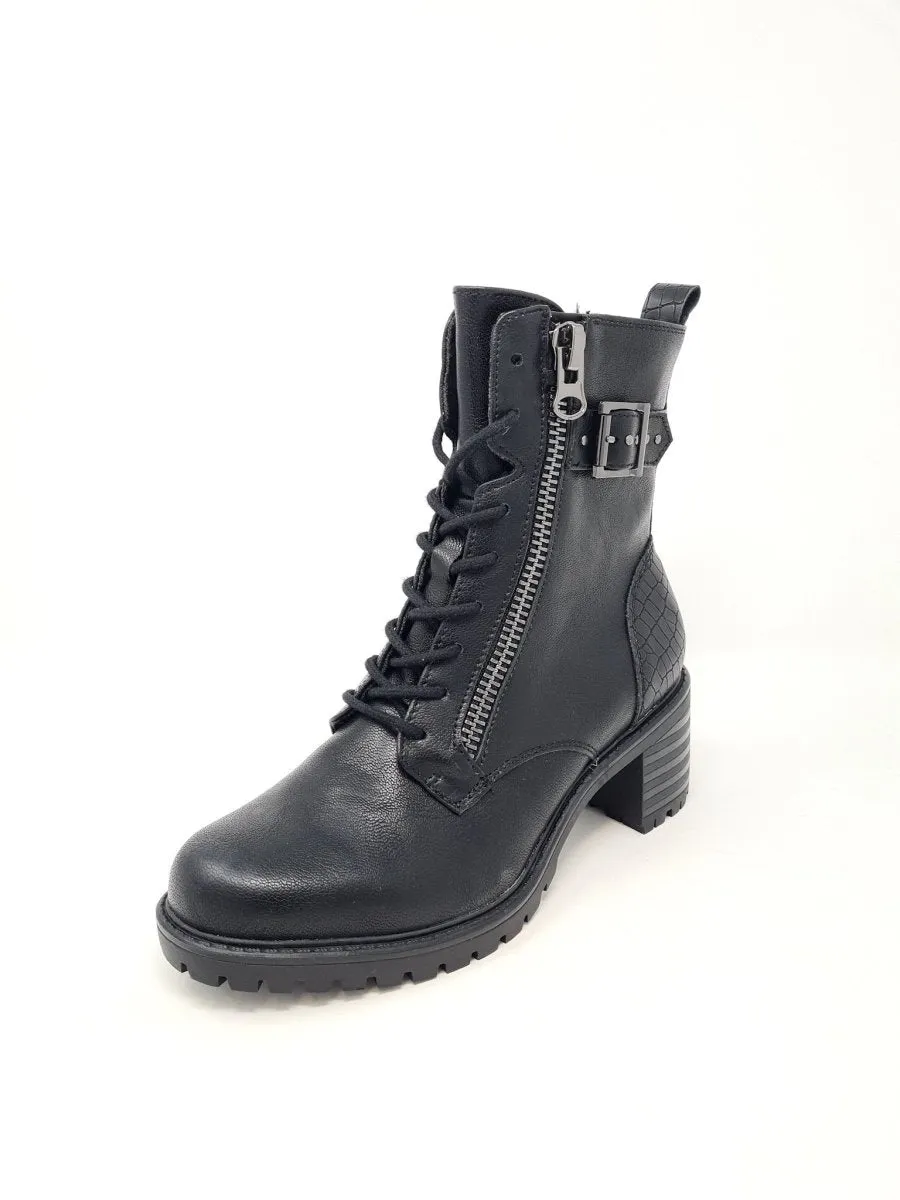 Black Lace Up Mid Heel Biker Boots