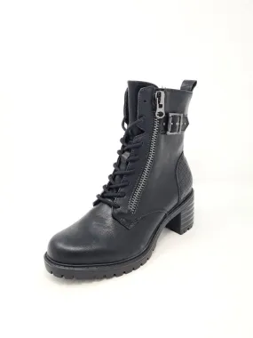 Black Lace Up Mid Heel Biker Boots