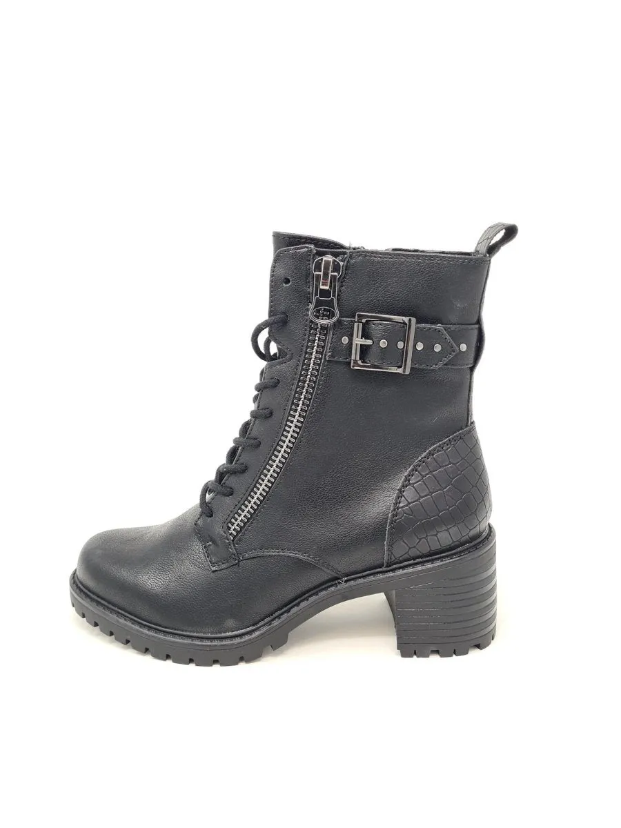 Black Lace Up Mid Heel Biker Boots