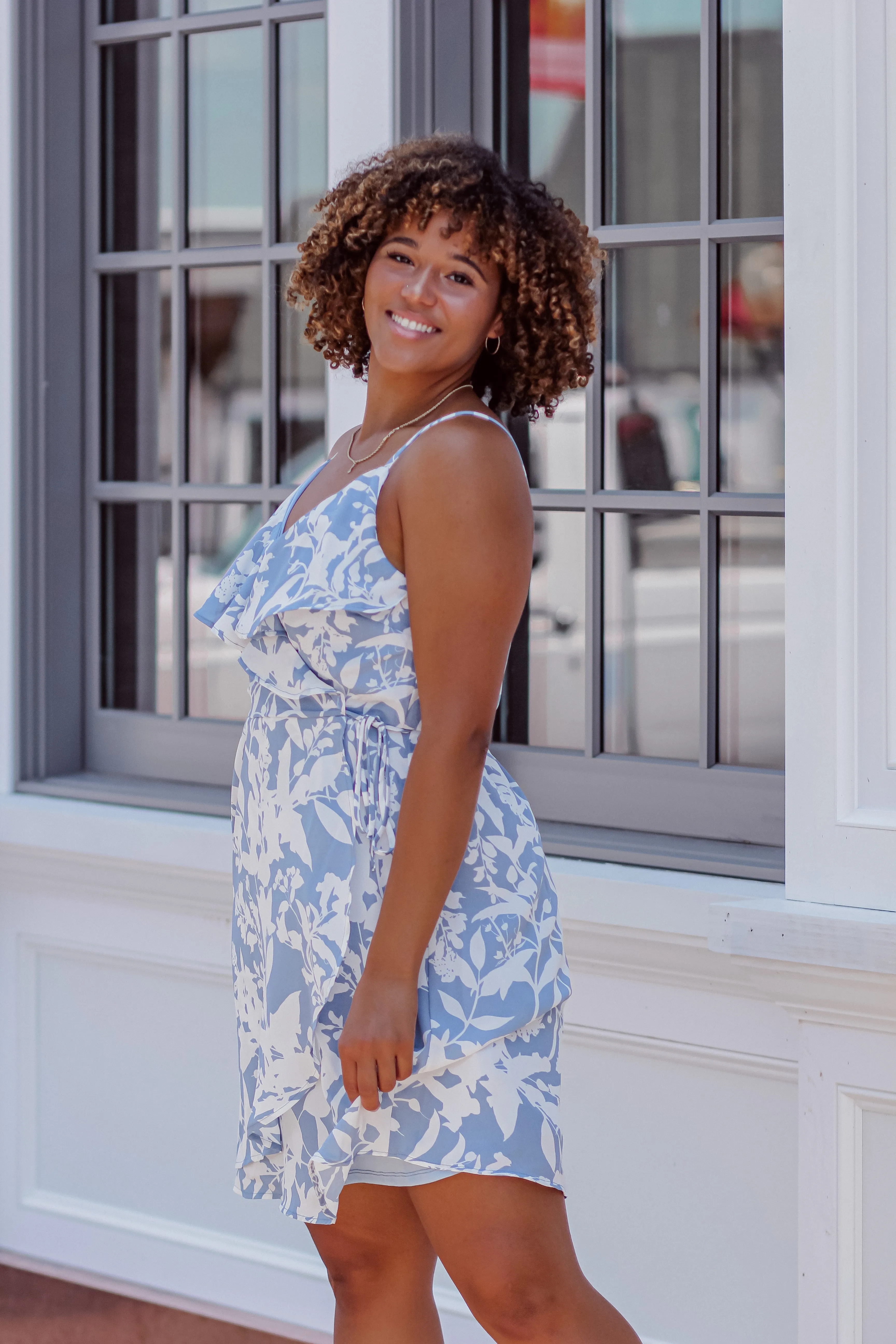 Blue & Ivory Floral Sleeveless Surplice Mini Dress