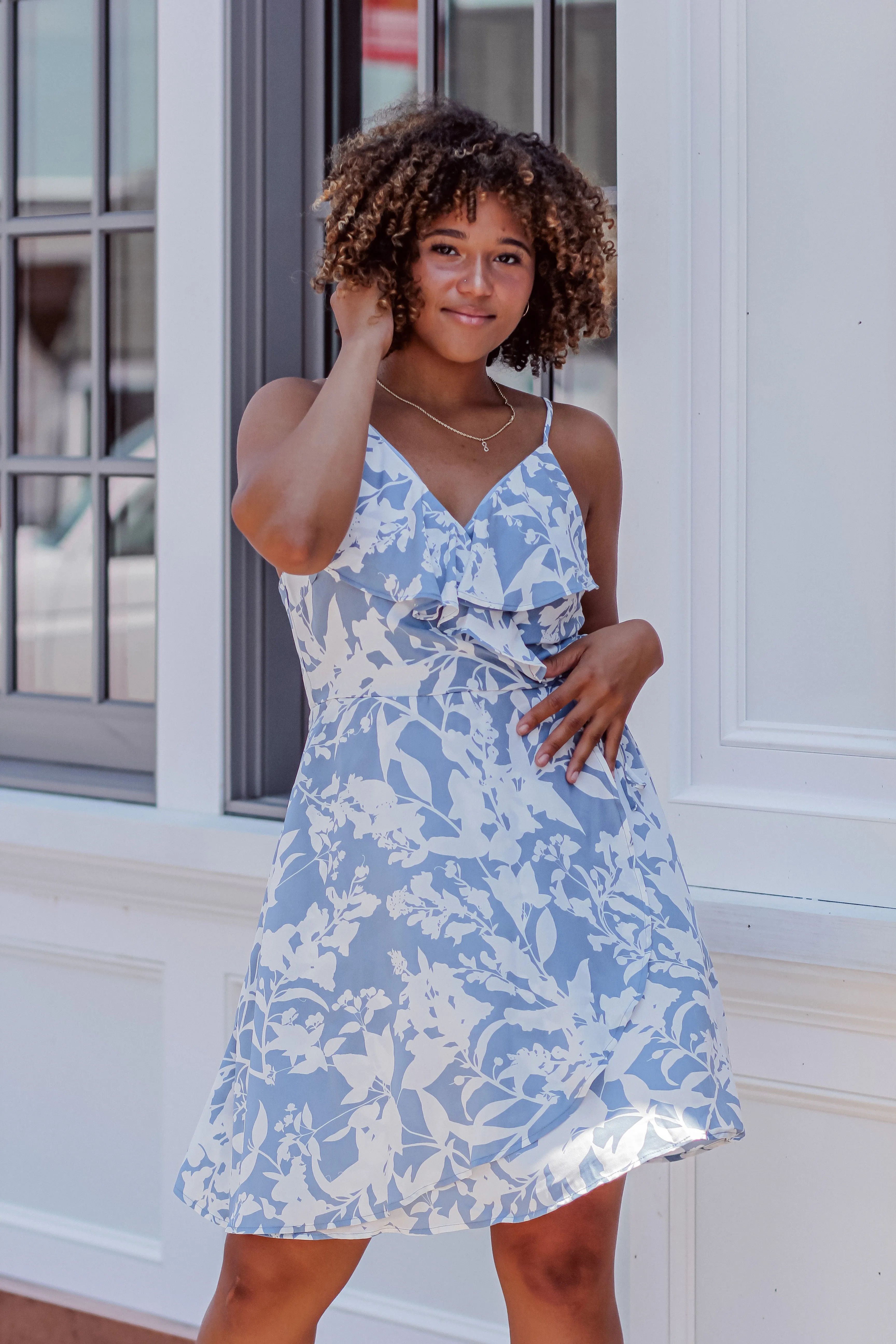 Blue & Ivory Floral Sleeveless Surplice Mini Dress