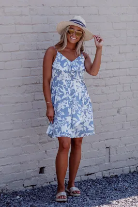 Blue & Ivory Floral Sleeveless Surplice Mini Dress