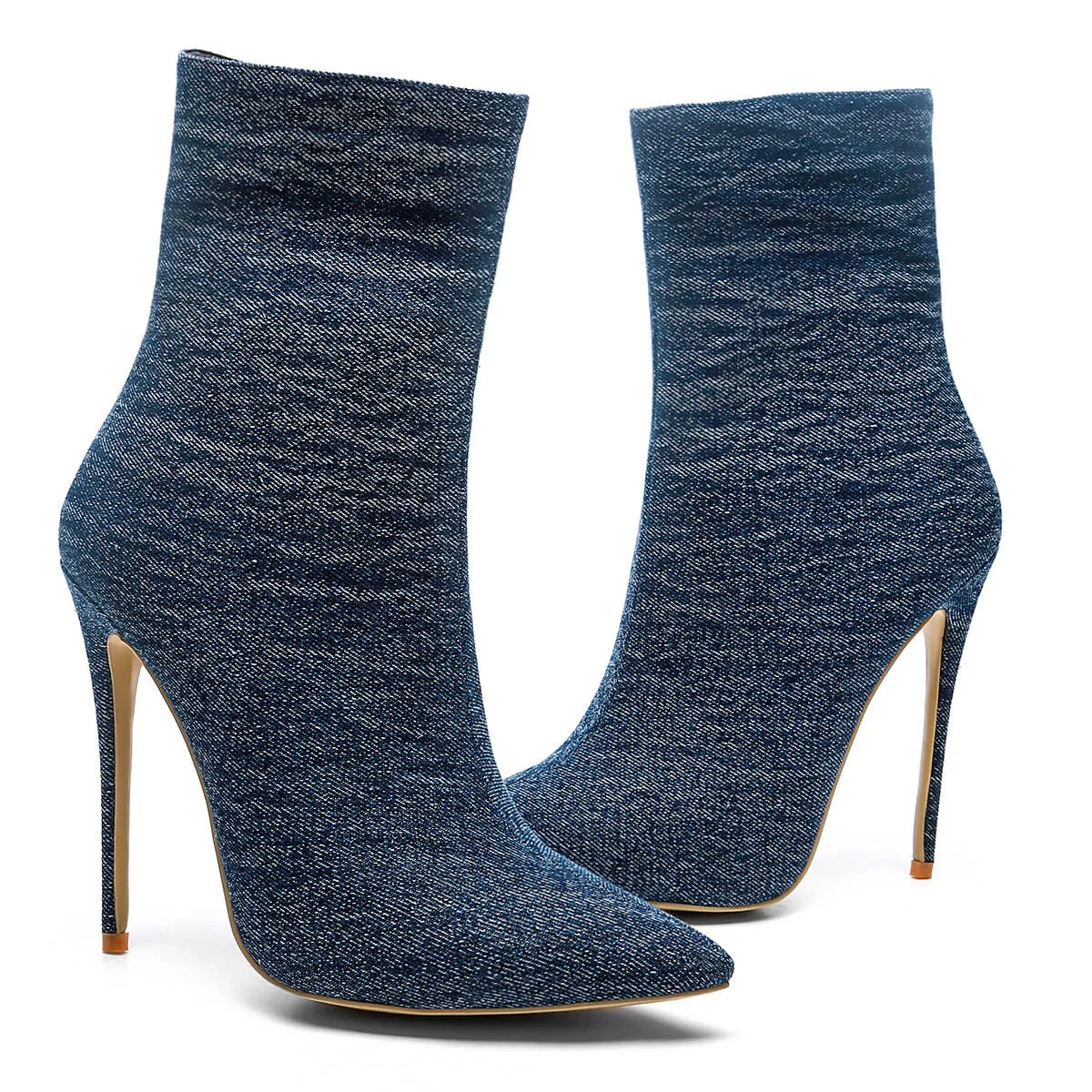Blue Denim Pointed Toe High Heel Calf Boots