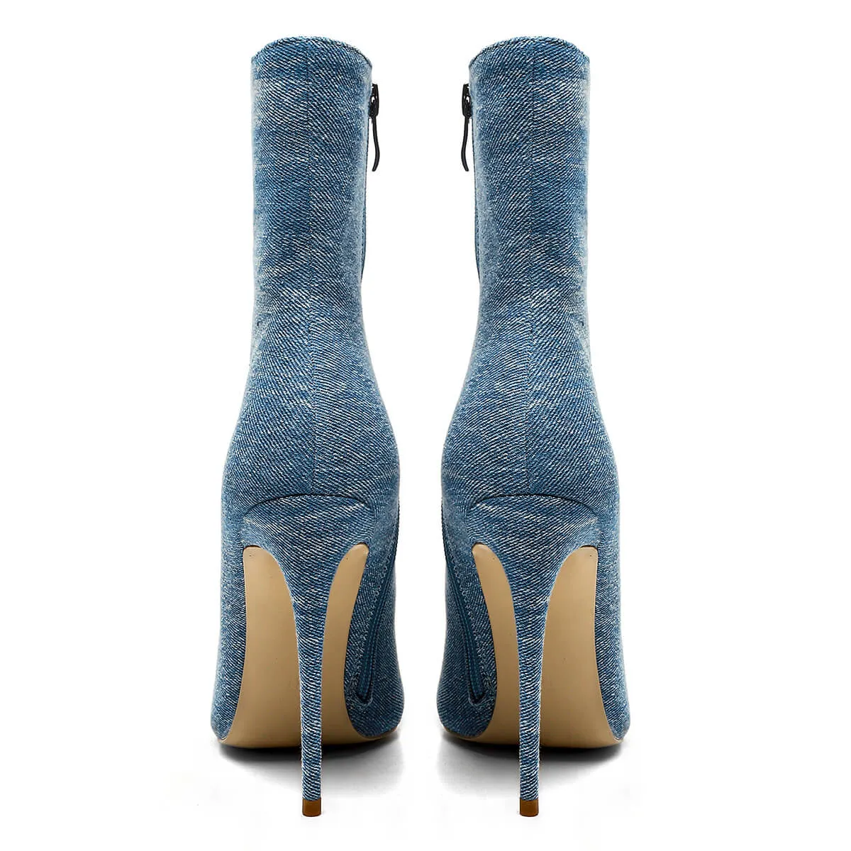 Blue Denim Pointed Toe High Heel Calf Boots