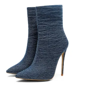 Blue Denim Pointed Toe High Heel Calf Boots