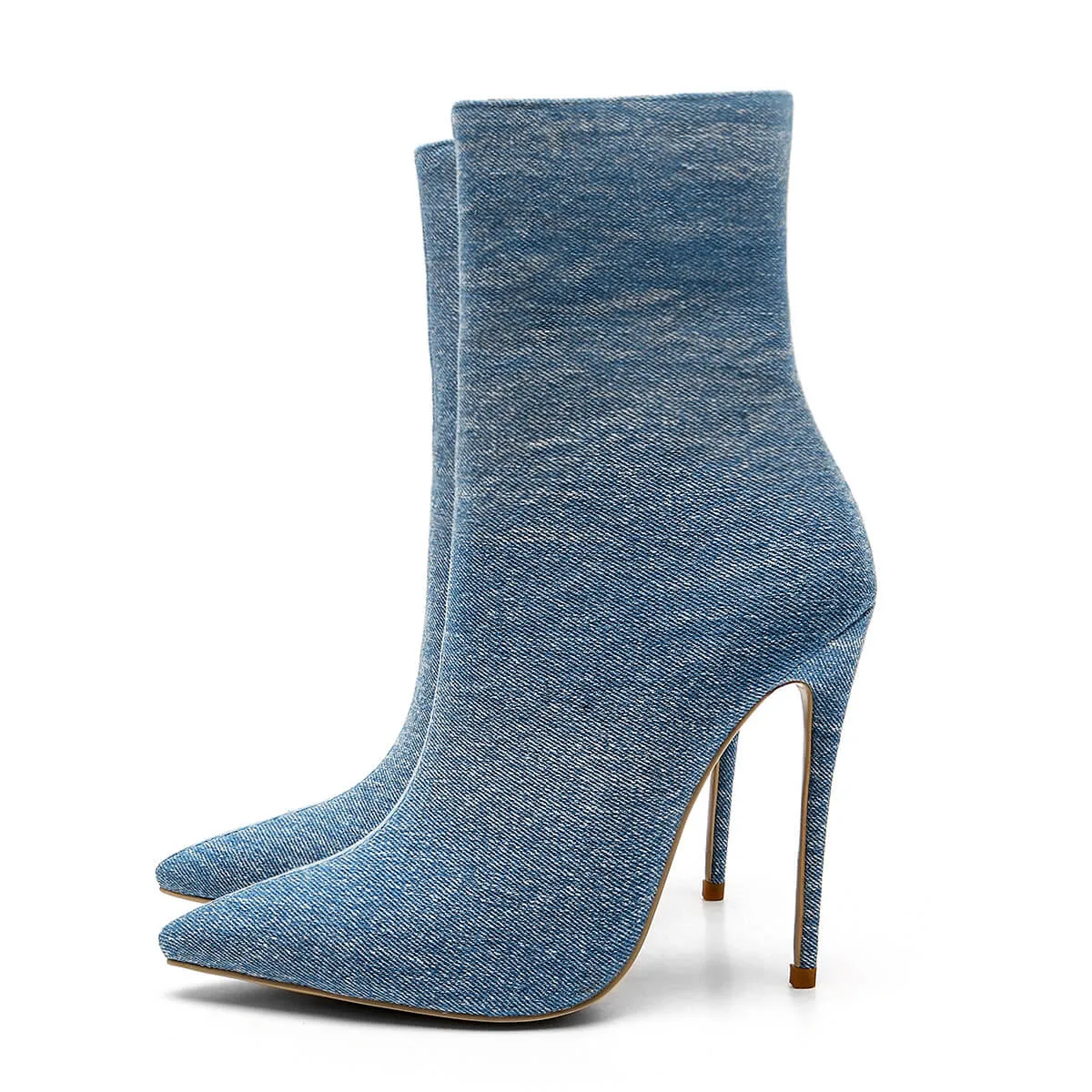 Blue Denim Pointed Toe High Heel Calf Boots