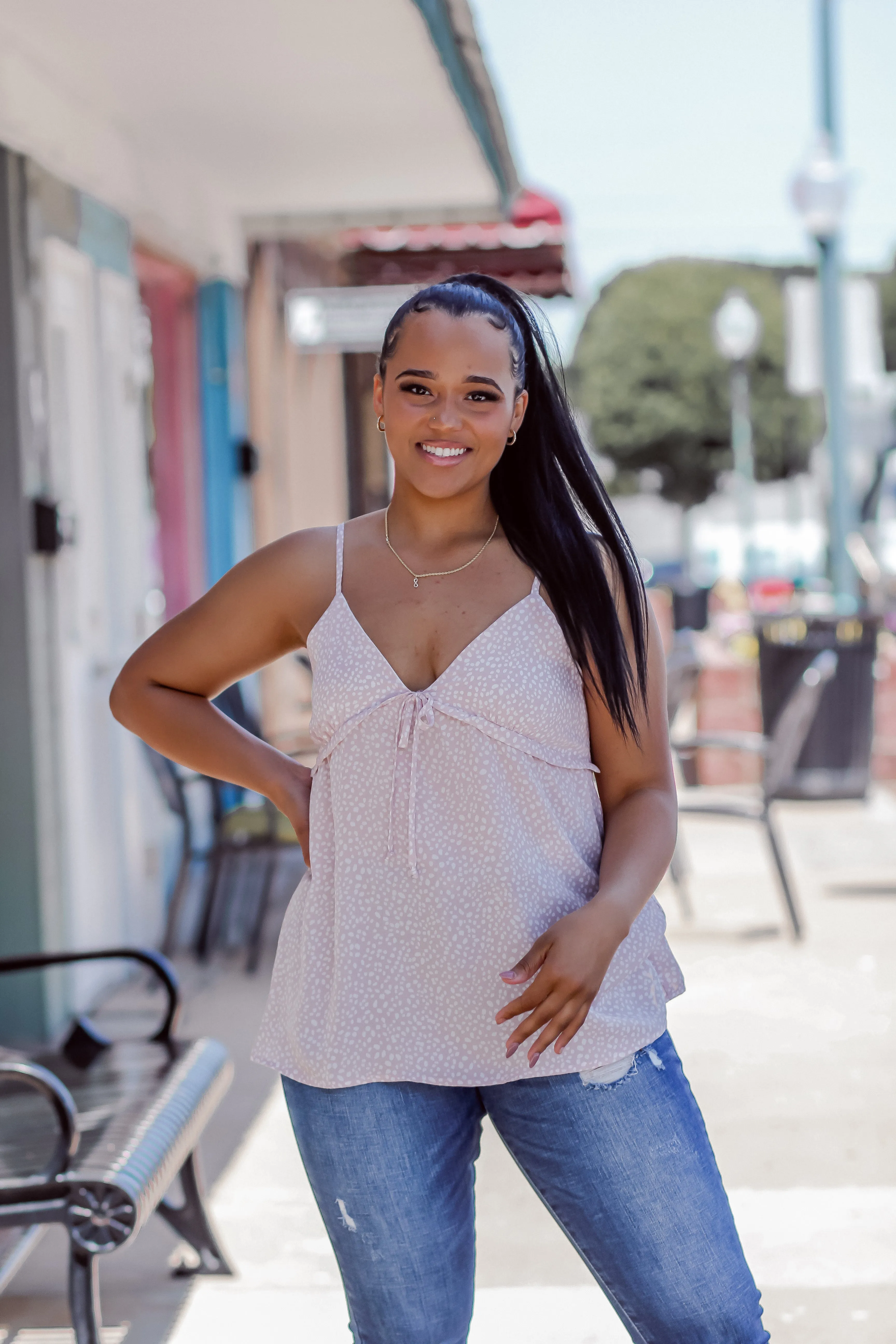 Blush and Ivory Spot Ruffle Detail Tank