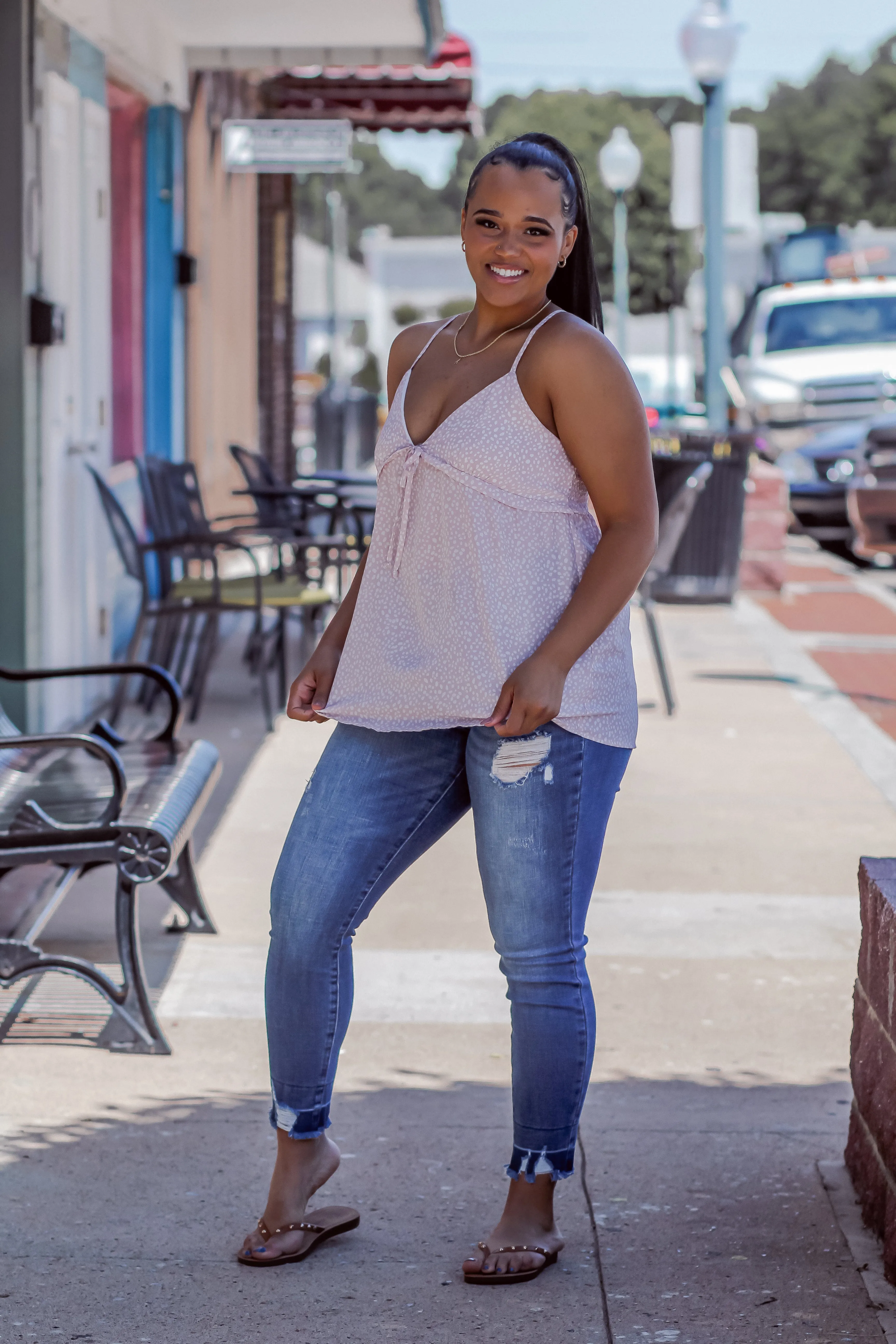 Blush and Ivory Spot Ruffle Detail Tank