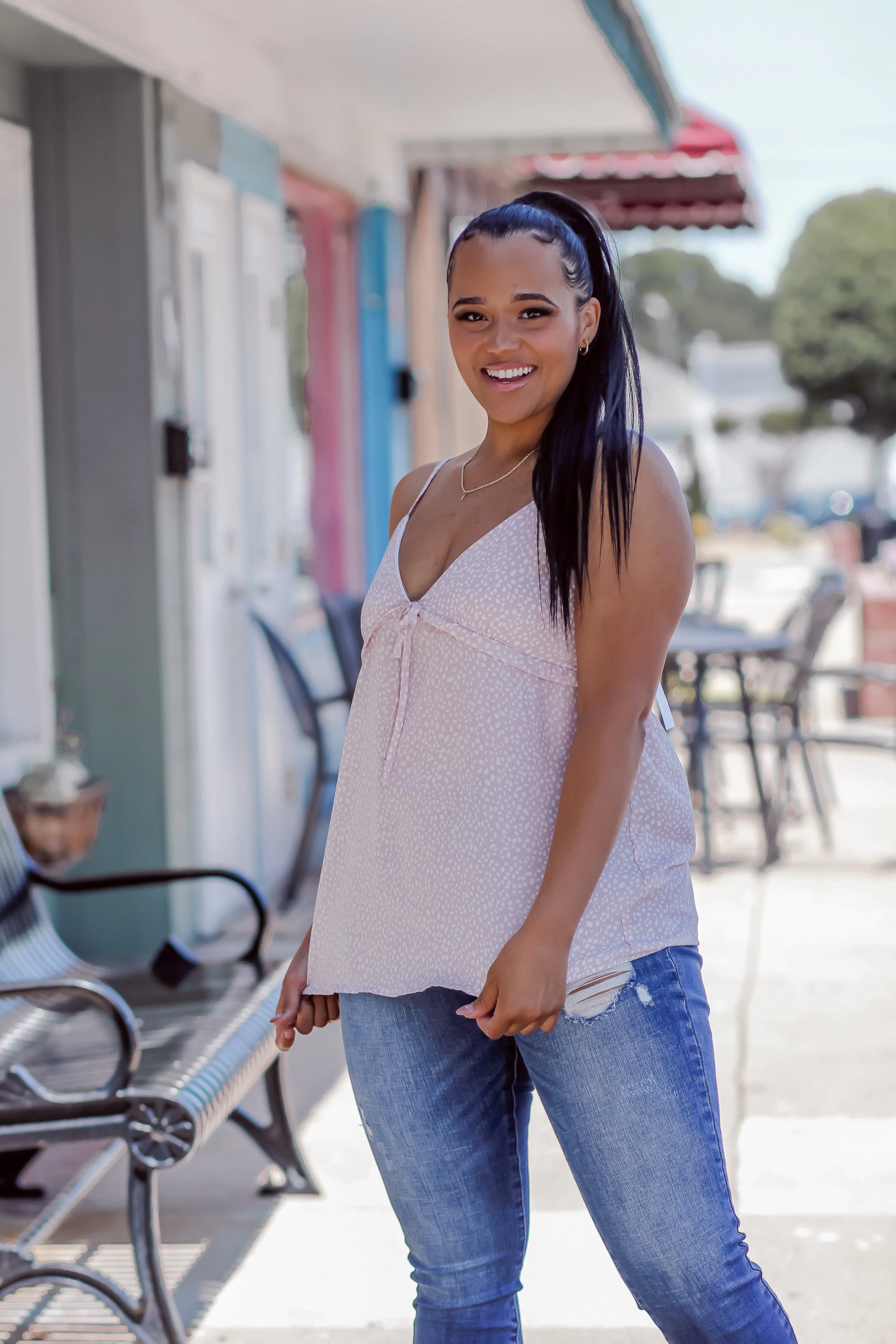 Blush and Ivory Spot Ruffle Detail Tank