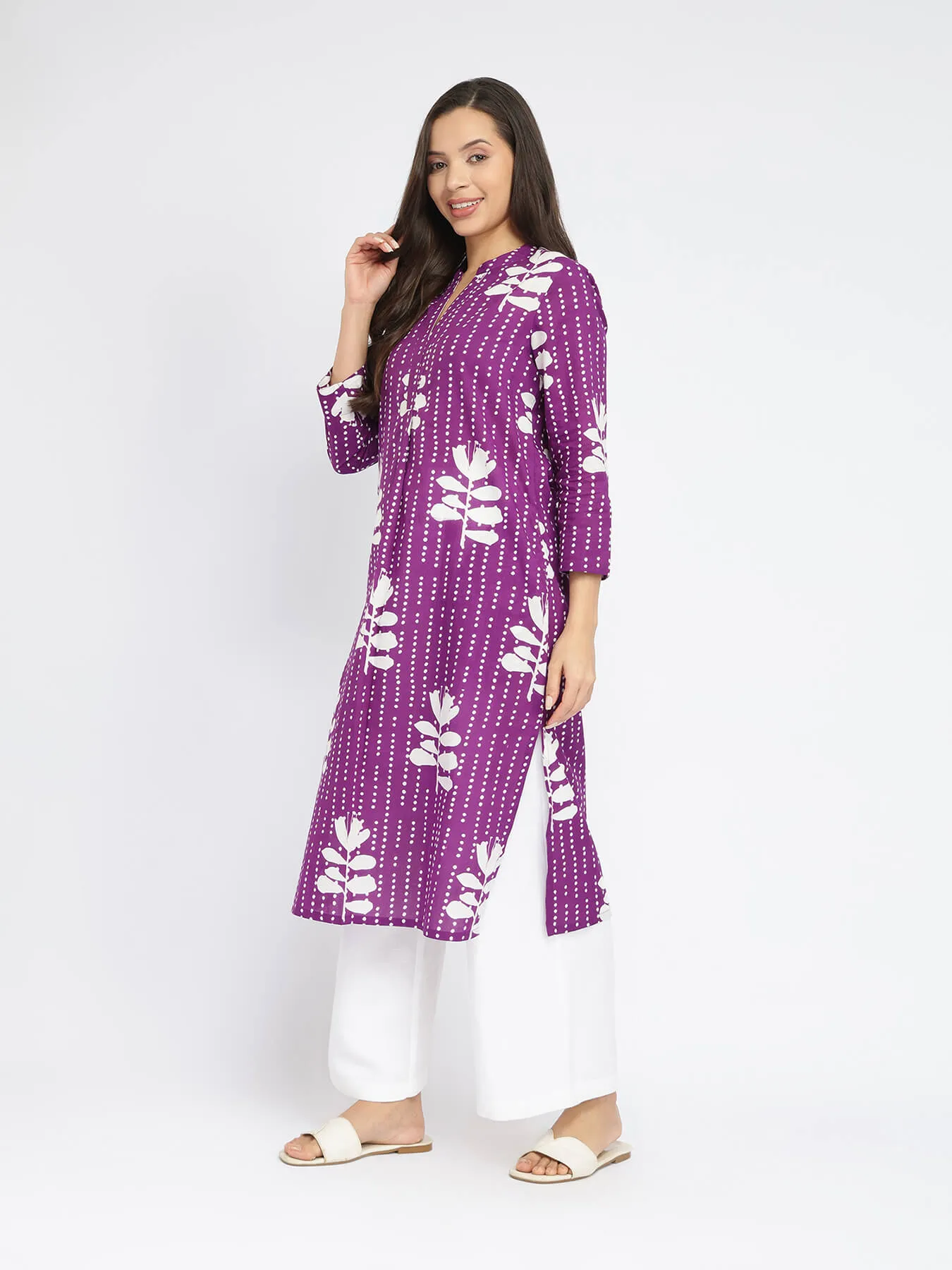 Cotton Floral Relaxed Kurta - Purple