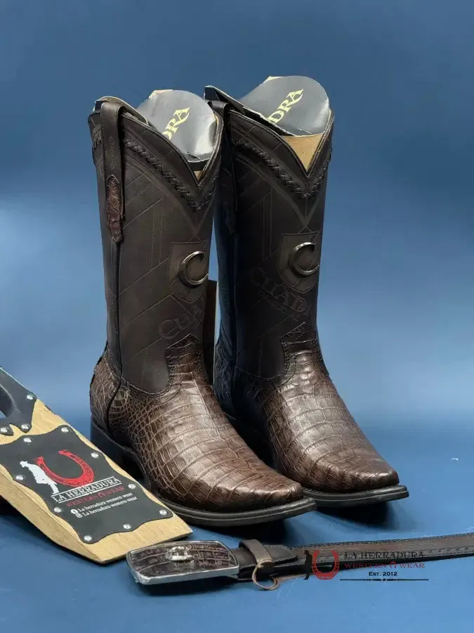 CUADRA BOOT FUSCUS BELLY CAIMAN ARAUCO CHOCO LASER & WOVEN NARROW SQUARE TOE