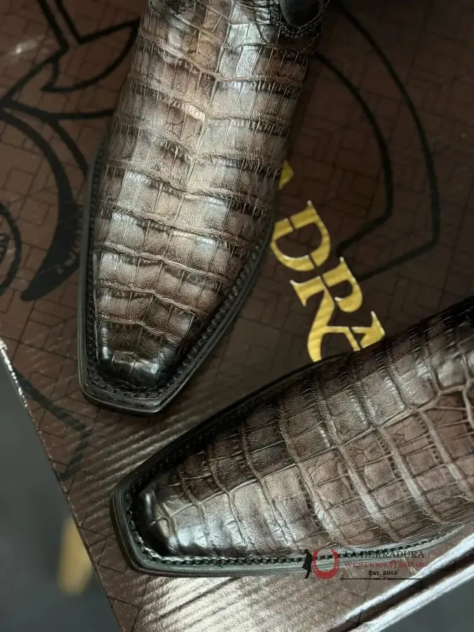 CUADRA BOOT FUSCUS BELLY CAIMAN ARAUCO CHOCO LASER & WOVEN NARROW SQUARE TOE