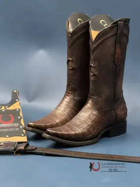 CUADRA BOOT FUSCUS BELLY CAIMAN ARAUCO CHOCO LASER & WOVEN NARROW SQUARE TOE