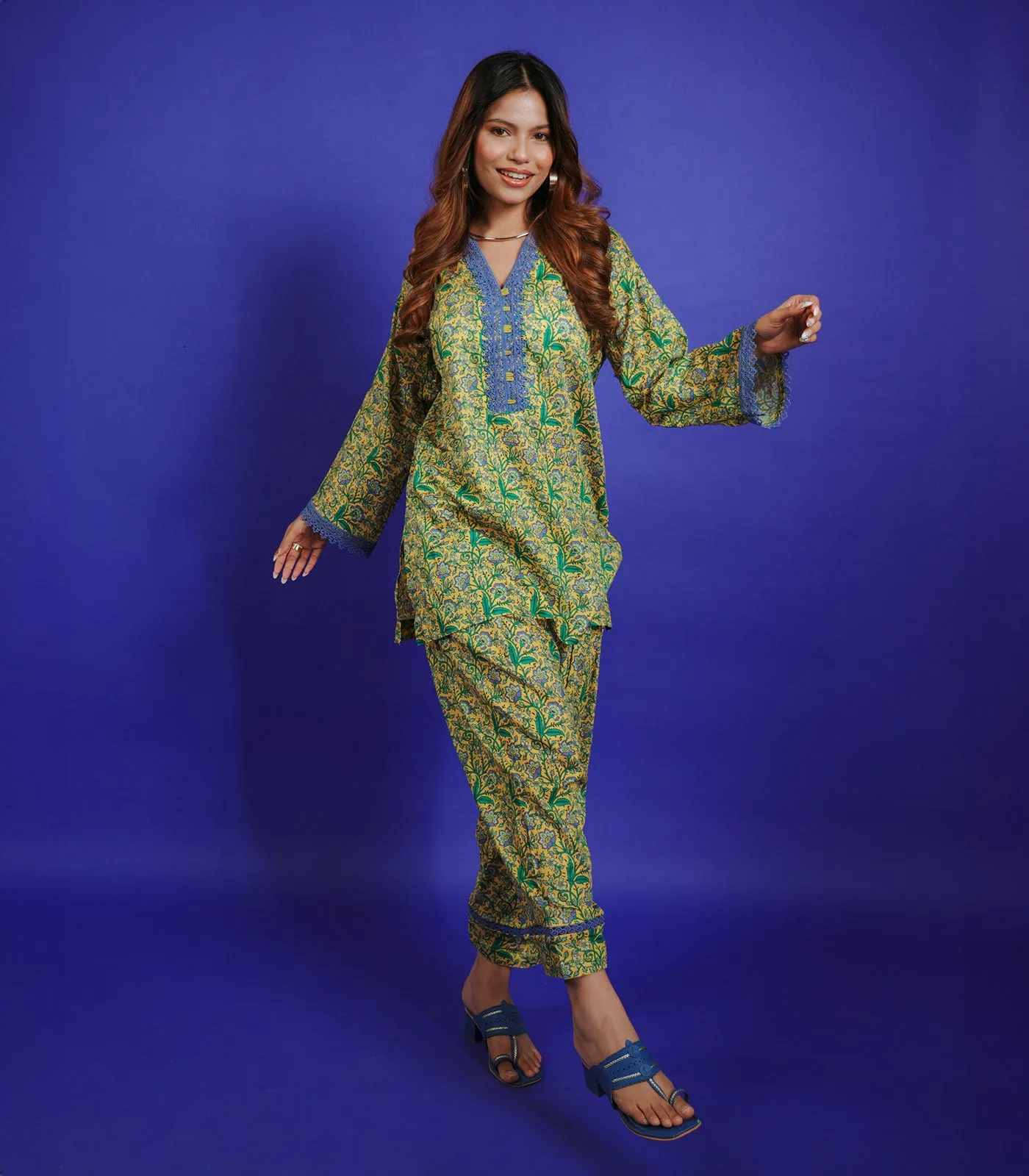 Lime Yellow PRINTED SHORT KURTA SET