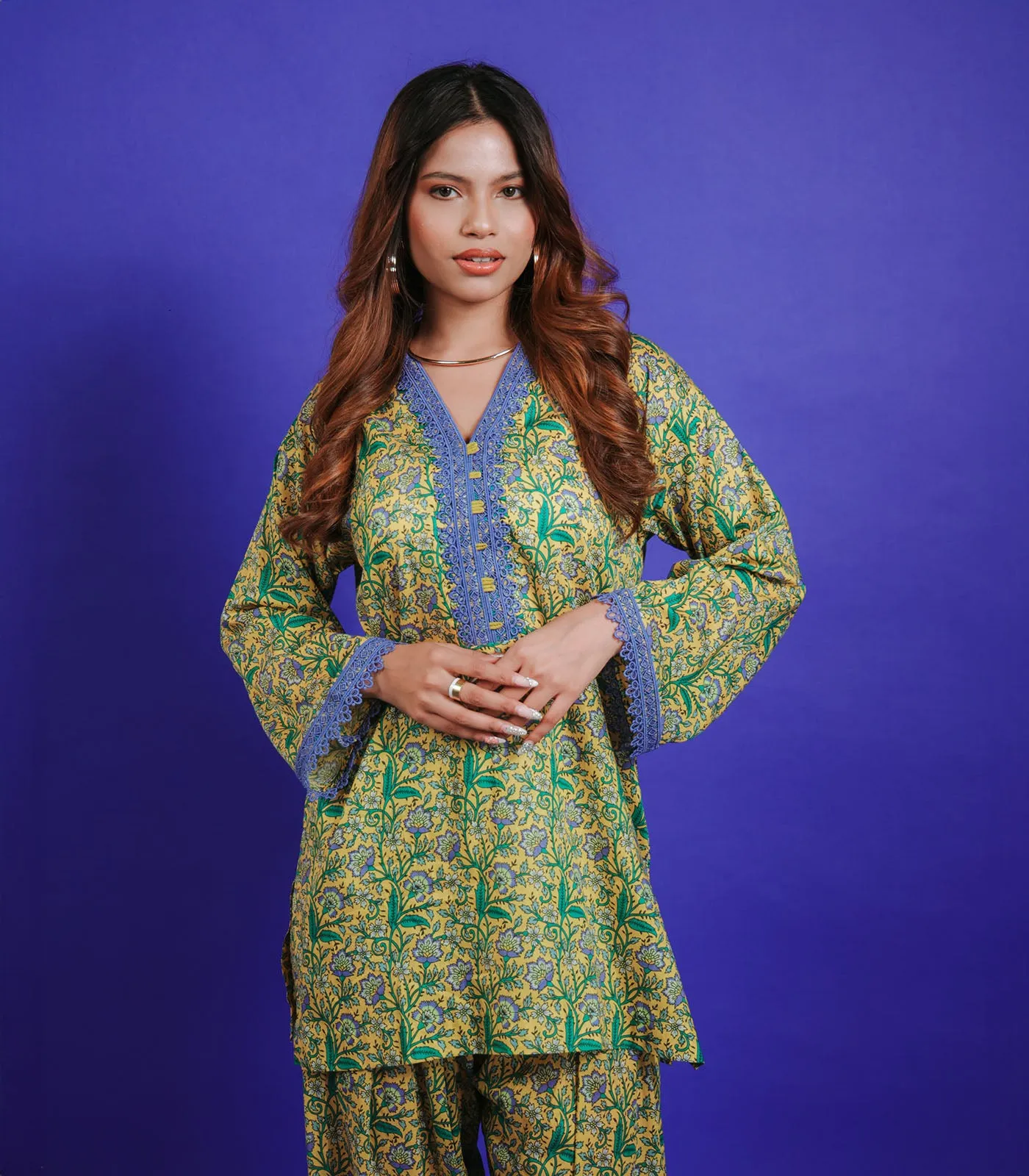 Lime Yellow PRINTED SHORT KURTA SET