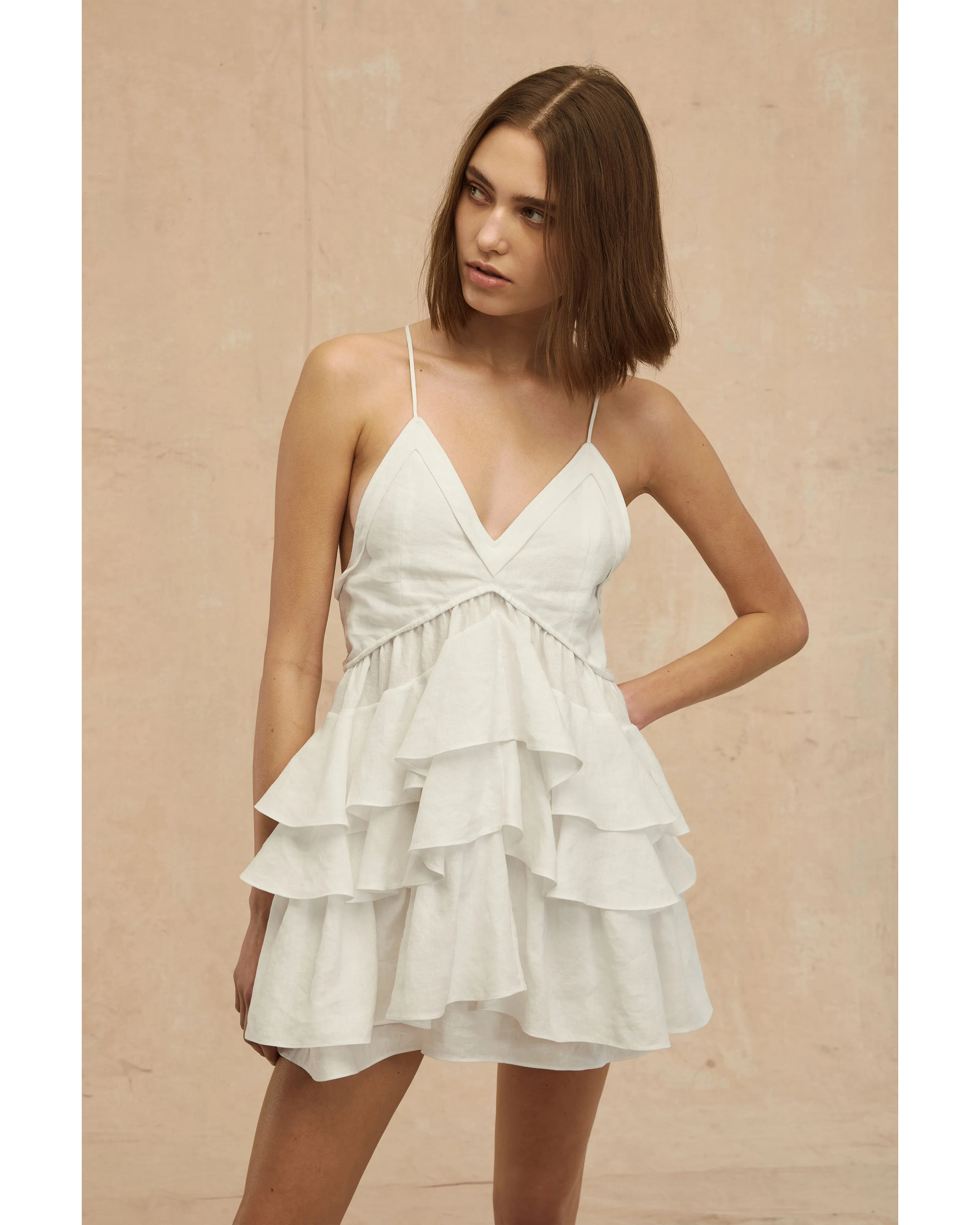 Lucia Tiered Mini Dress in Linen White