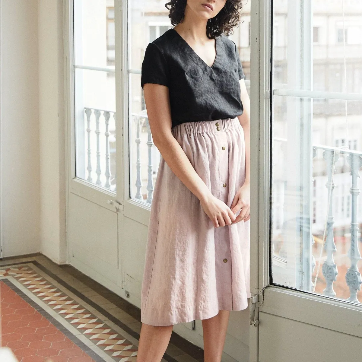 MARSEILLE linen front snap skirt
