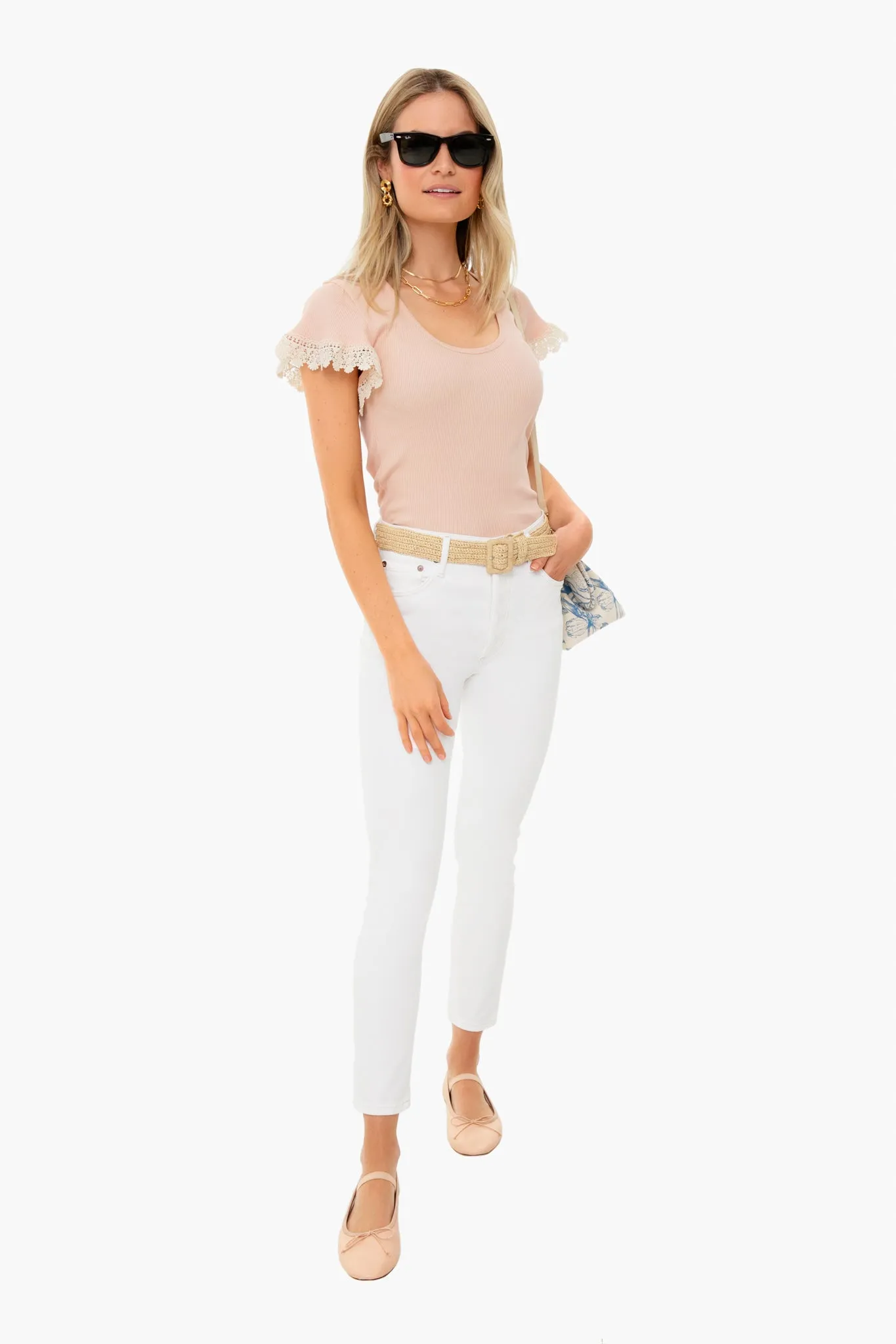 Muted Clay Ribbed Jersey Ruffle Tee