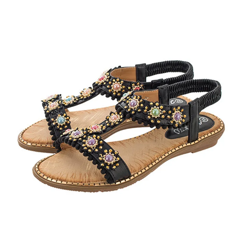 Nanccy Bohemian Colored Pearls Comfortable Flat Sandals