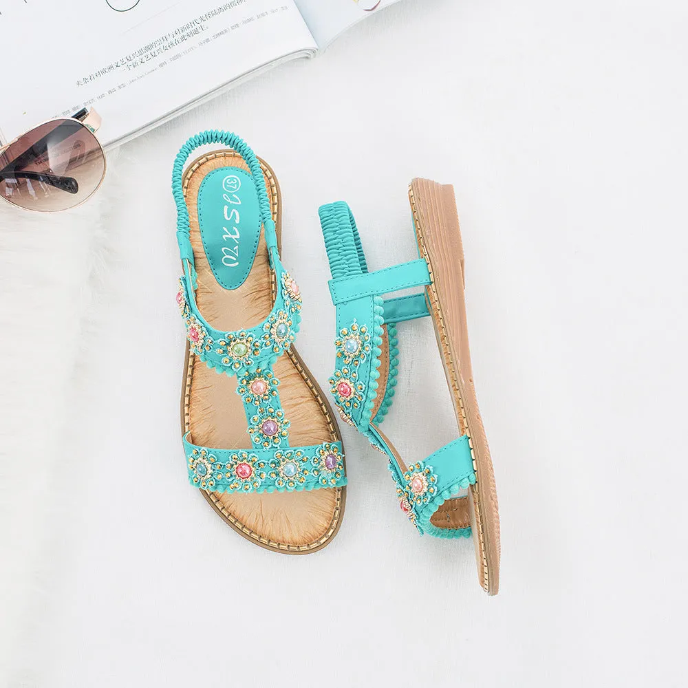 Nanccy Bohemian Colored Pearls Comfortable Flat Sandals