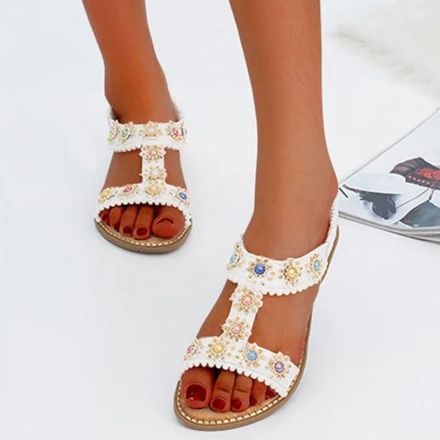 Nanccy Bohemian Colored Pearls Comfortable Flat Sandals