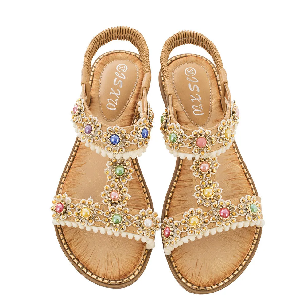 Nanccy Bohemian Colored Pearls Comfortable Flat Sandals