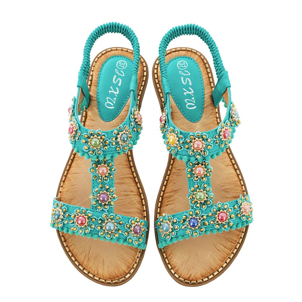 Nanccy Bohemian Colored Pearls Comfortable Flat Sandals