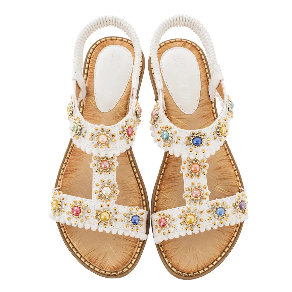 Nanccy Bohemian Colored Pearls Comfortable Flat Sandals