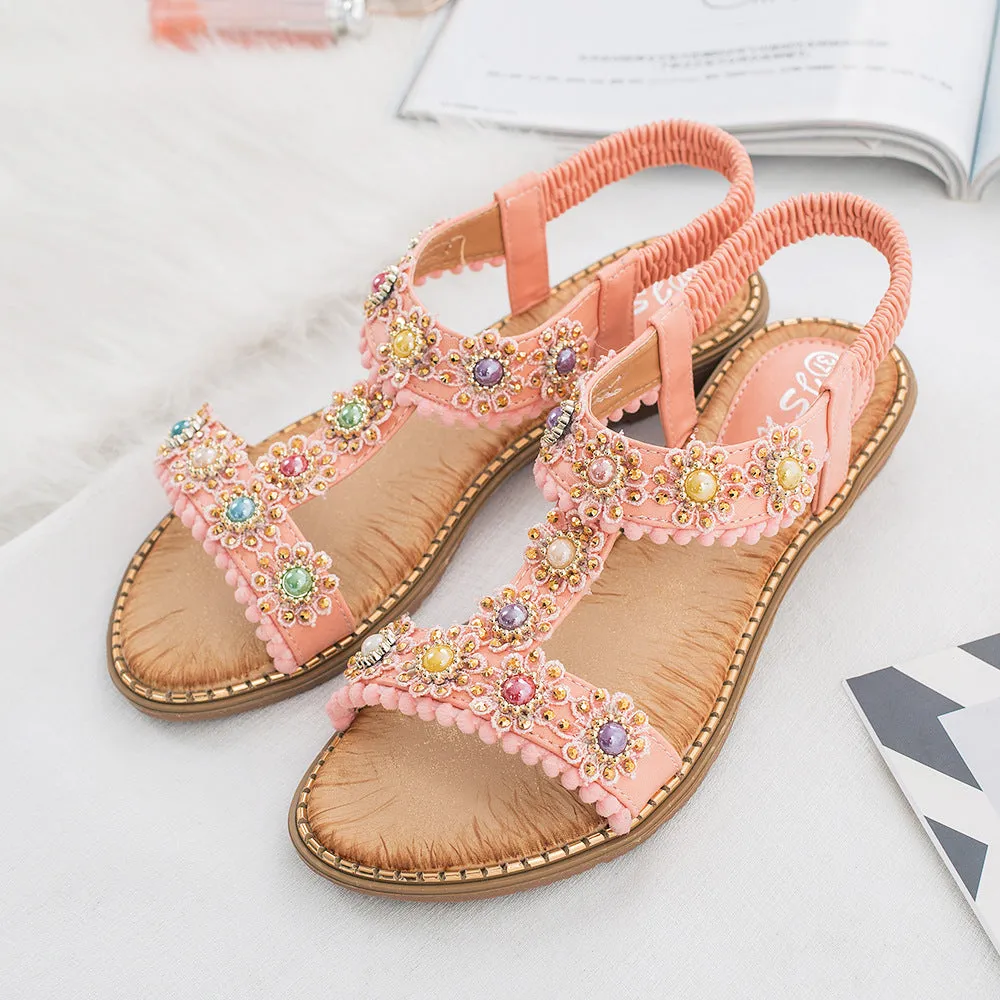 Nanccy Bohemian Colored Pearls Comfortable Flat Sandals