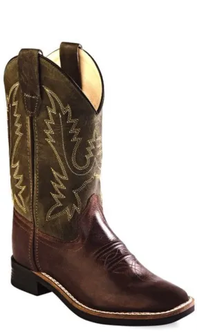 Old West Olive Green Youth Boys Leather Broad Square Toe Cowboy Boots 6 D