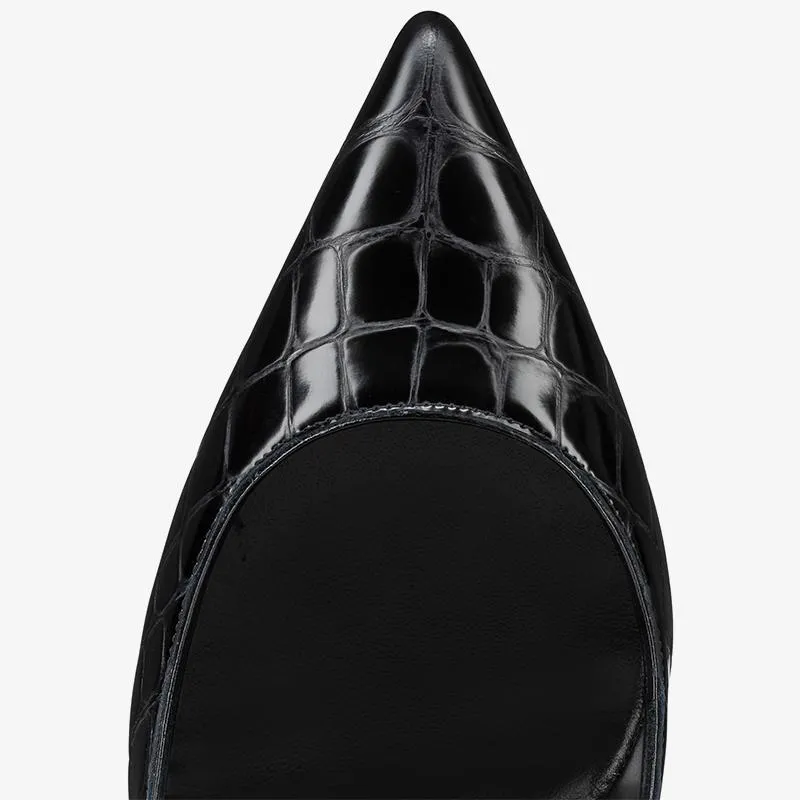 Refined Black Alligator-Embossed Leather Stiletto