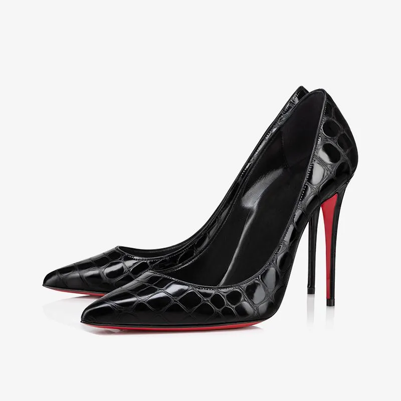 Refined Black Alligator-Embossed Leather Stiletto