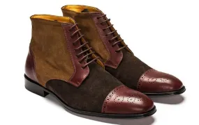 Stylish Men's Handmade Multi Brown Color Ankle High Leather & Suede Lace Up Brogue Boots