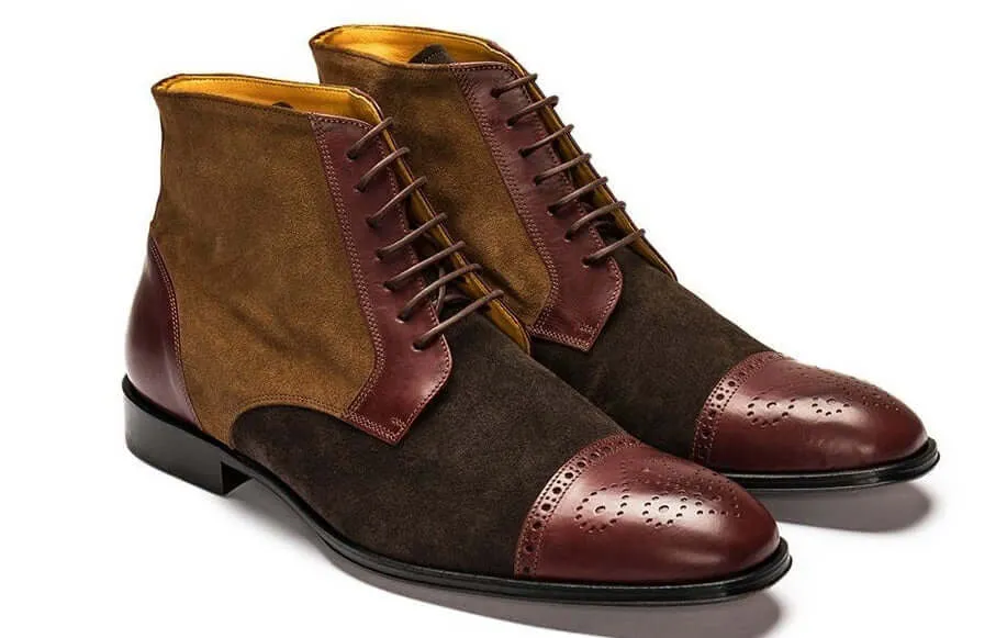 Stylish Men's Handmade Multi Brown Color Ankle High Leather & Suede Lace Up Brogue Boots