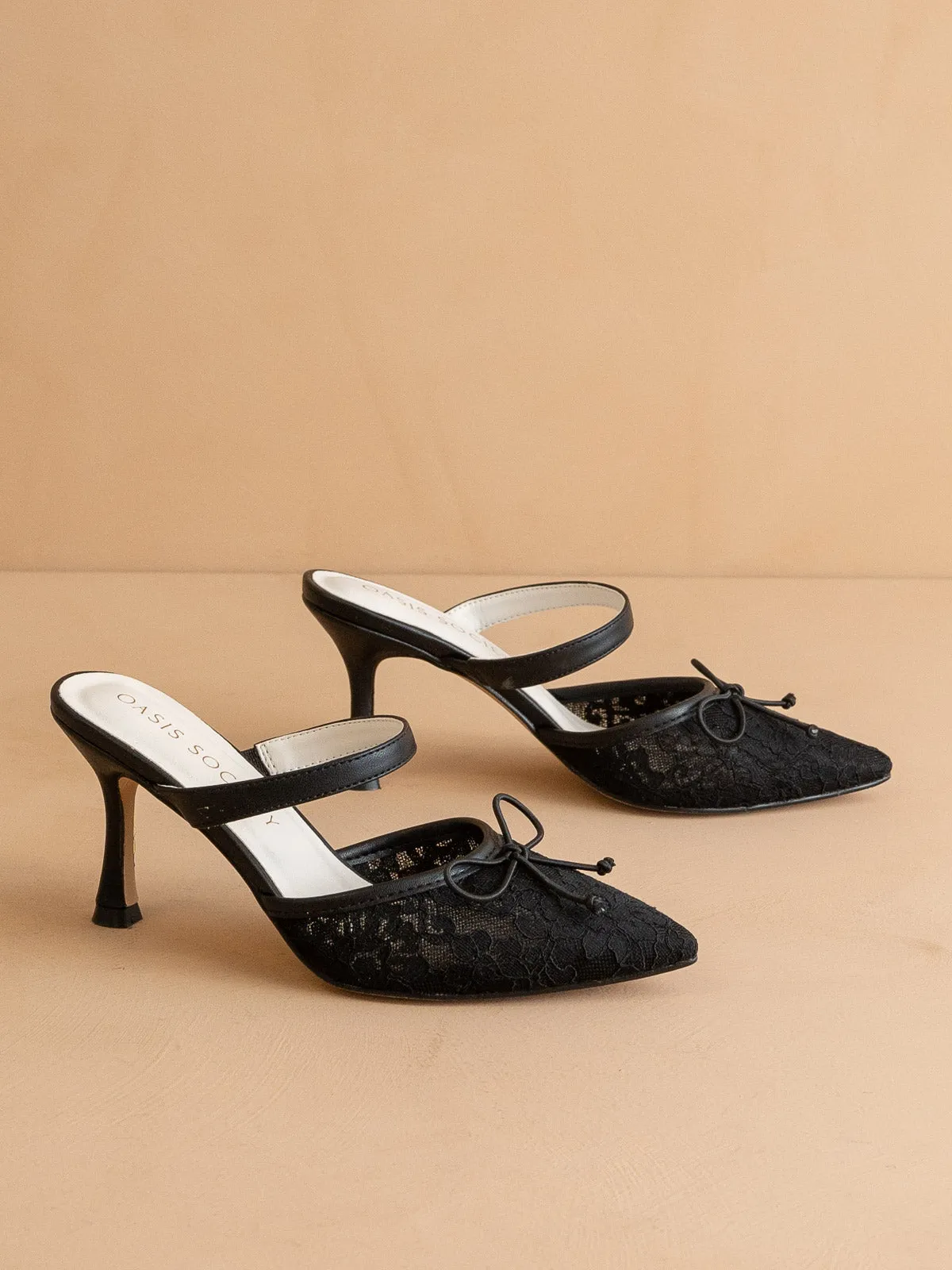 The Katie | Black Lace Pointed Toe Mid Heel Mule