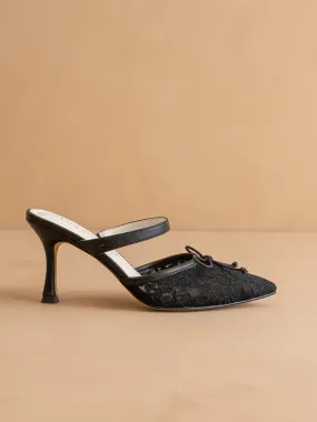 The Katie | Black Lace Pointed Toe Mid Heel Mule