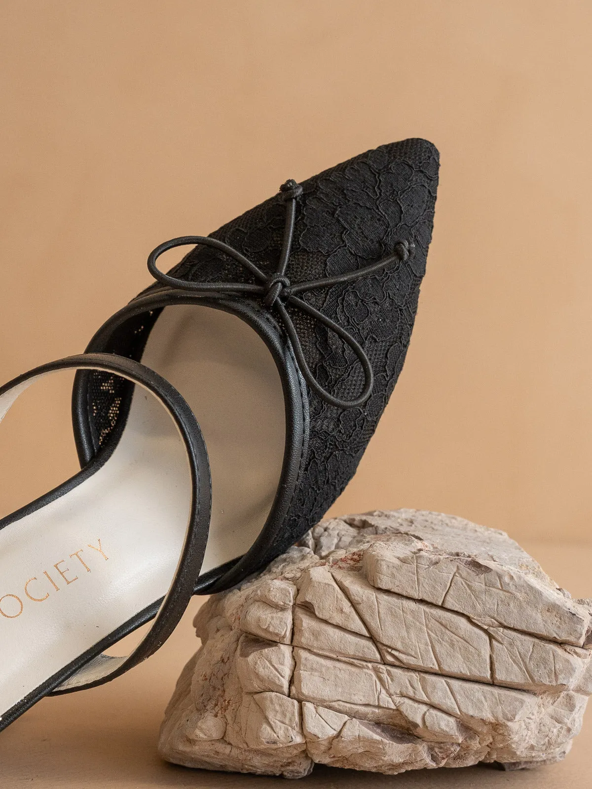 The Katie | Black Lace Pointed Toe Mid Heel Mule