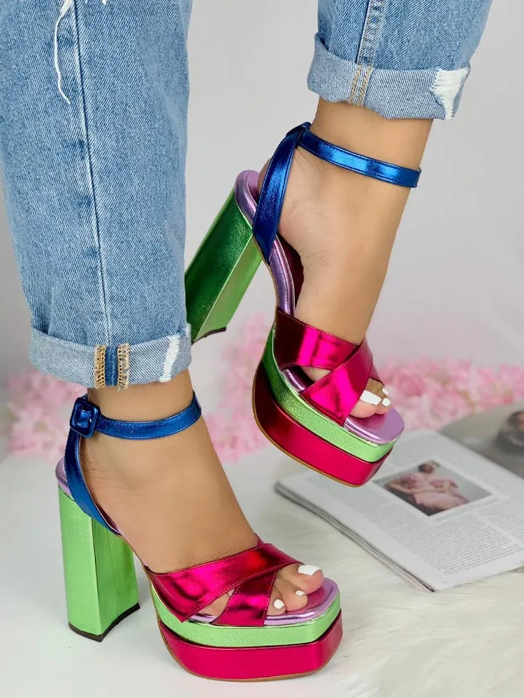 Tri-Color Triumph Bold Red, Green, and Blue High Heels