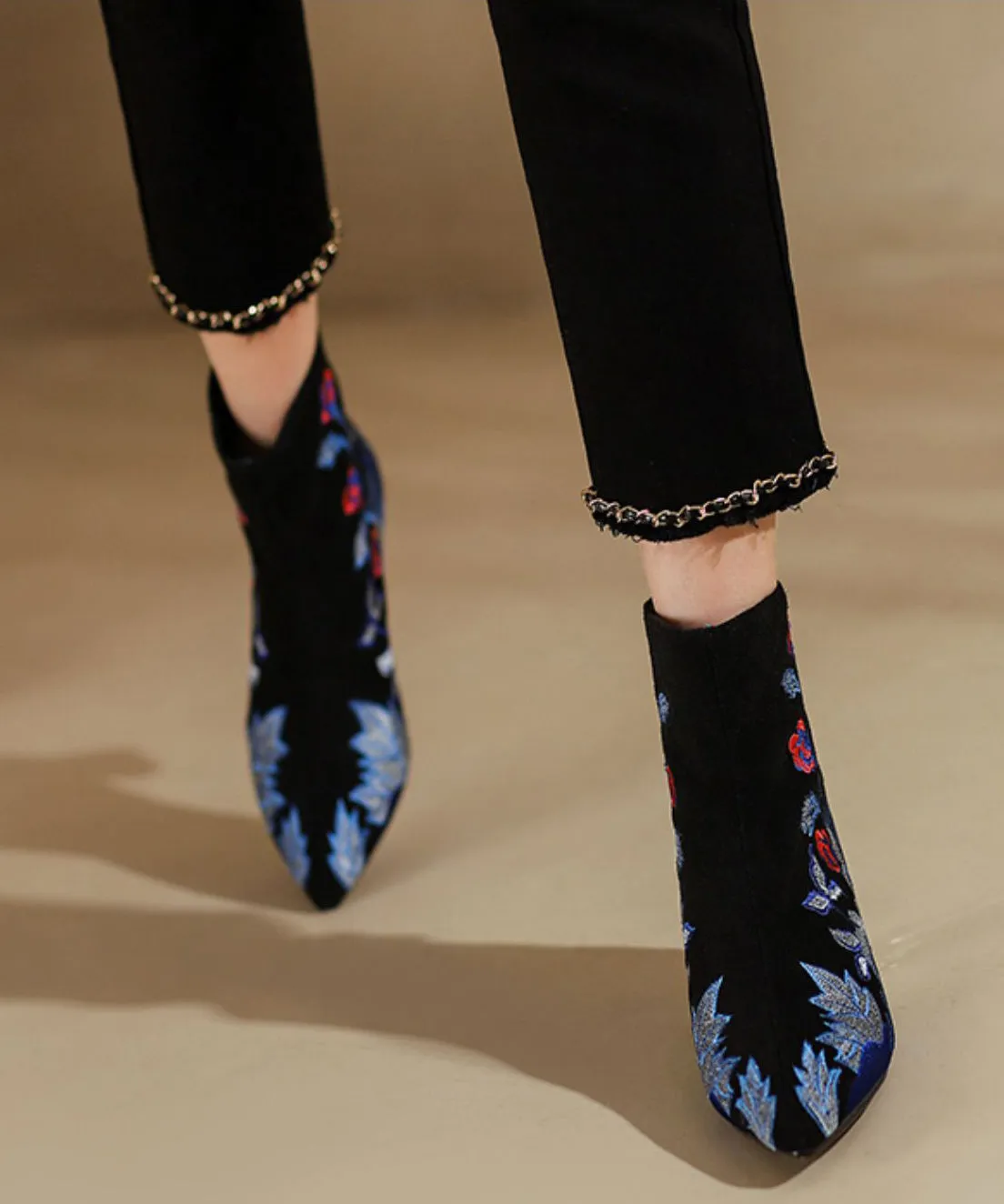 Women Black Embroidered Zippered Suede High Heels RT1072