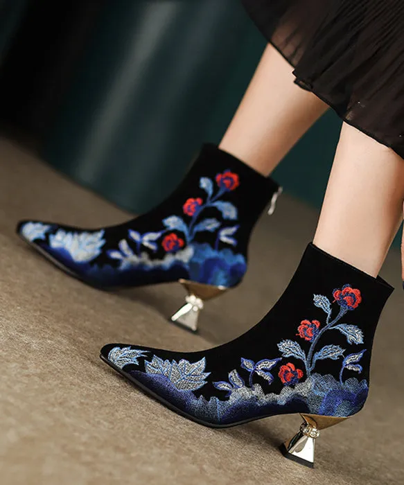 Women Black Embroidered Zippered Suede High Heels RT1072