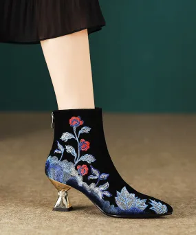 Women Black Embroidered Zippered Suede High Heels RT1072