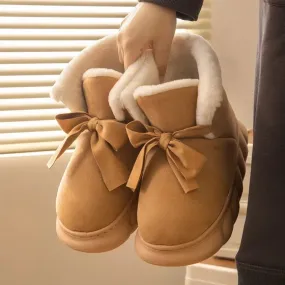 Womens Snow Boots Faux Suede Ribbons Bow Ankle Boots