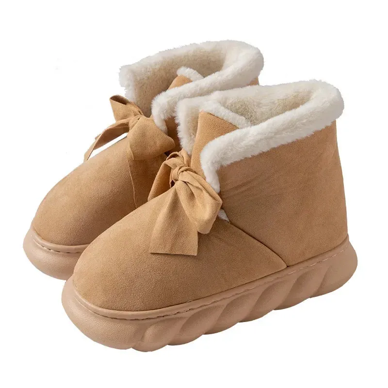 Womens Snow Boots Faux Suede Ribbons Bow Ankle Boots