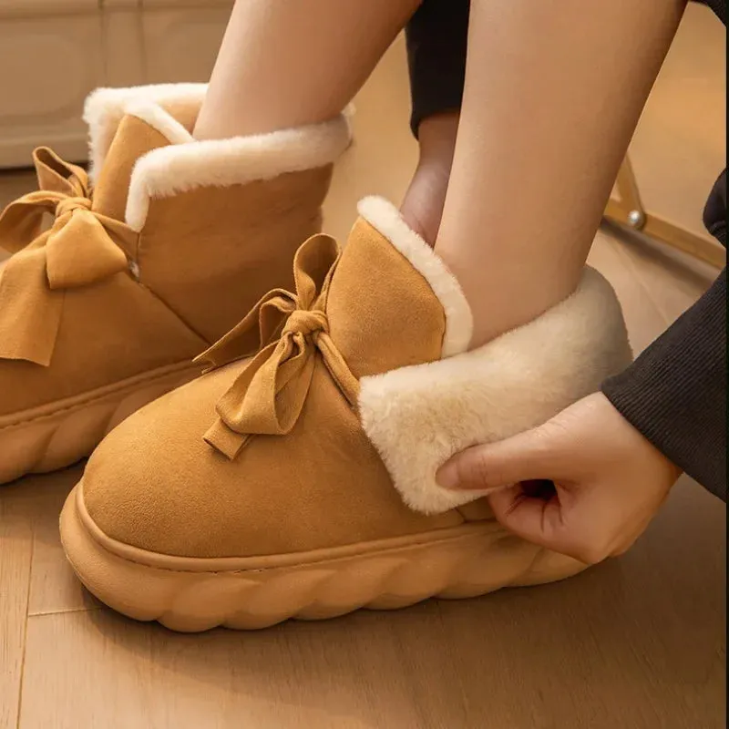 Womens Snow Boots Faux Suede Ribbons Bow Ankle Boots